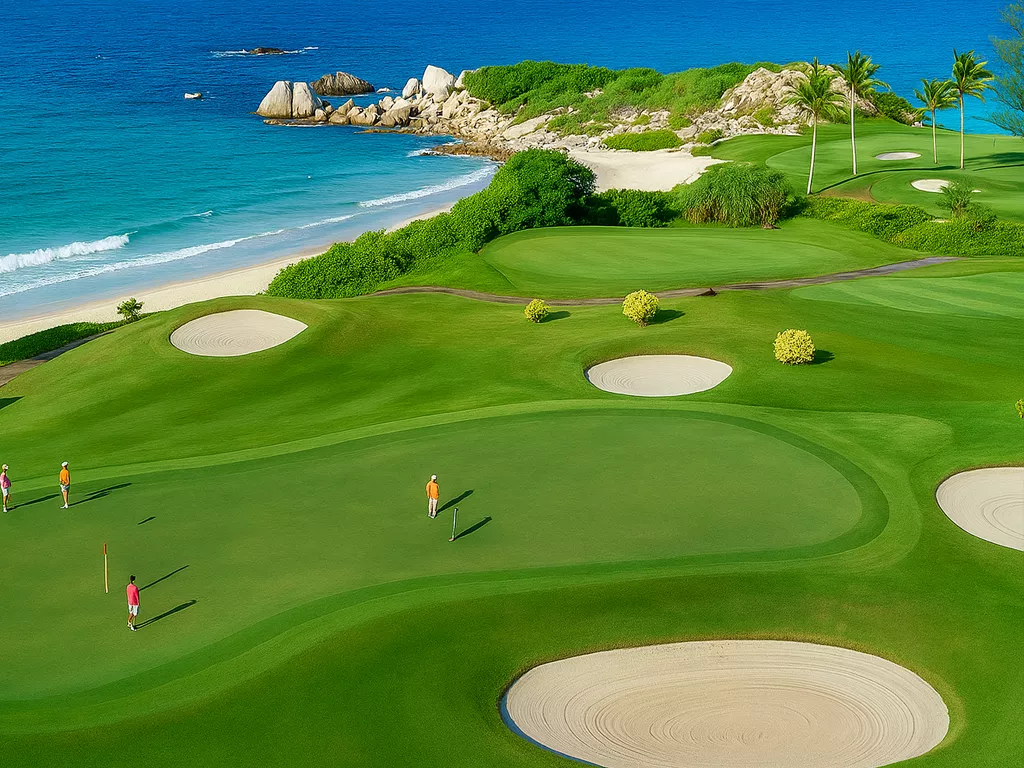 Lapangan golf mewah Bintan Lagoon Golf Club dengan pemandangan laut dan resort eksklusif, dapat dijangkau dengan layanan sewa mobil ke Bintan Lagoon Golf Club dari ARJ Rentcar