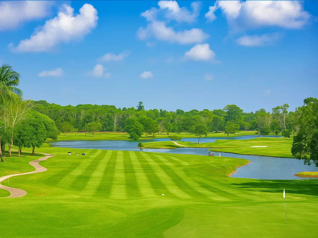 Lapangan golf tropis Laguna Golf Bintan dengan kontur hijau bergelombang dan pemandangan laut, dapat dikunjungi dengan layanan sewa mobil ke Laguna Golf Bintan dari ARJ Rentcar