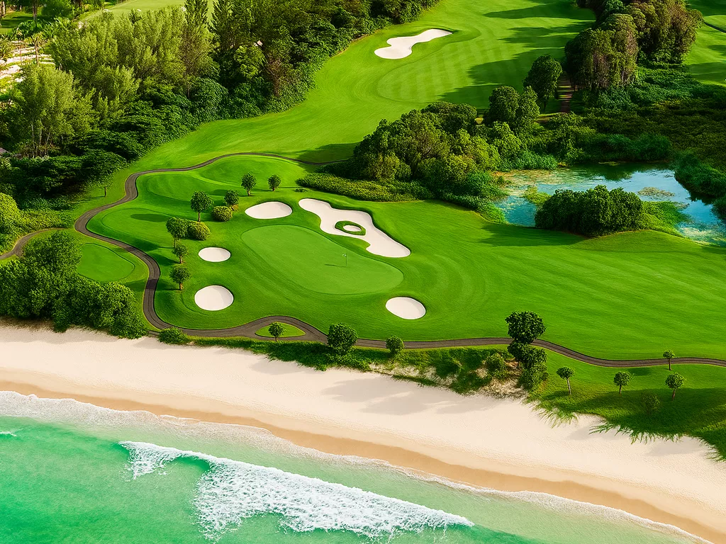 Lapangan golf tepi laut di Ria Bintan Golf Club dengan hamparan rumput hijau dan pemandangan laut, bisa dijangkau dengan layanan sewa mobil ke Ria Bintan Golf Club dari ARJ Rentcar