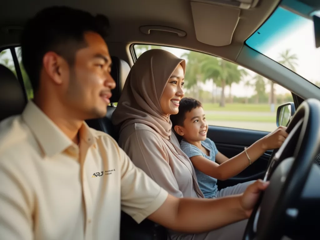 Layanan sewa mobil plus driver untuk wisata di Bintan dan Tanjungpinang, dengan latar mobil ARJ Rentcar dan destinasi populer seperti pantai dan lagoi
