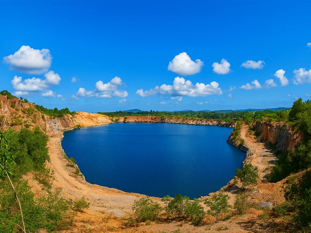 Pemandangan Telaga Biru Bukit Panglong di Bintan dengan danau biru jernih dan perbukitan bekas tambang, destinasi foto populer yang bisa dikunjungi dengan layanan sewa mobil ke Telaga Biru Bukit Panglong dari ARJ Rentcar